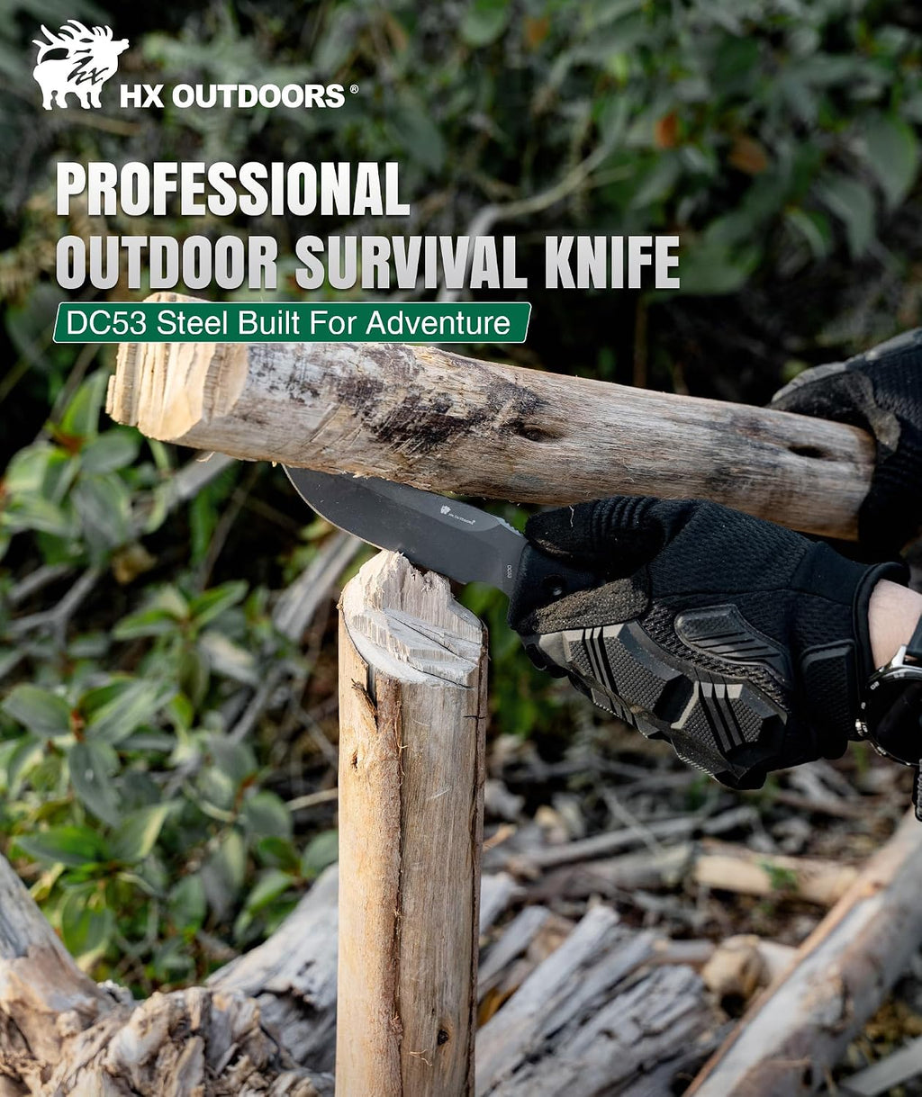HX OUTDOORS Fixed Blade Camping Knife with Fire Starter, Premium DC53 Steel Full Tang Bushcraft Survival Knife with Kydex Sheath for EDC,Outdoor,Camping,Hiking（Black2