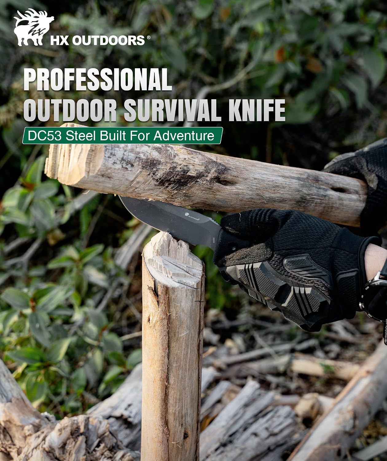 HX OUTDOORS Fixed Blade Camping Knife with Fire Starter, Premium DC53 Steel Full Tang Bushcraft Survival Knife with Kydex Sheath for EDC,Outdoor,Camping,Hiking（Black2