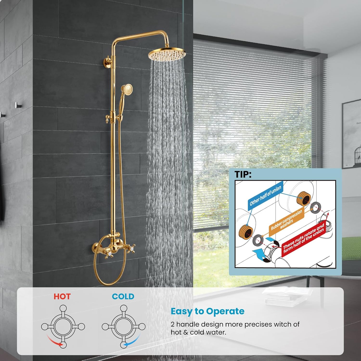 gotonovo Exposed Bathroom Shower Faucet Set Shower Fixture 8 Inch Rainfall Shower Head Handheld Shower Cross Handle Wall Mount 2 Functions Polished Gold