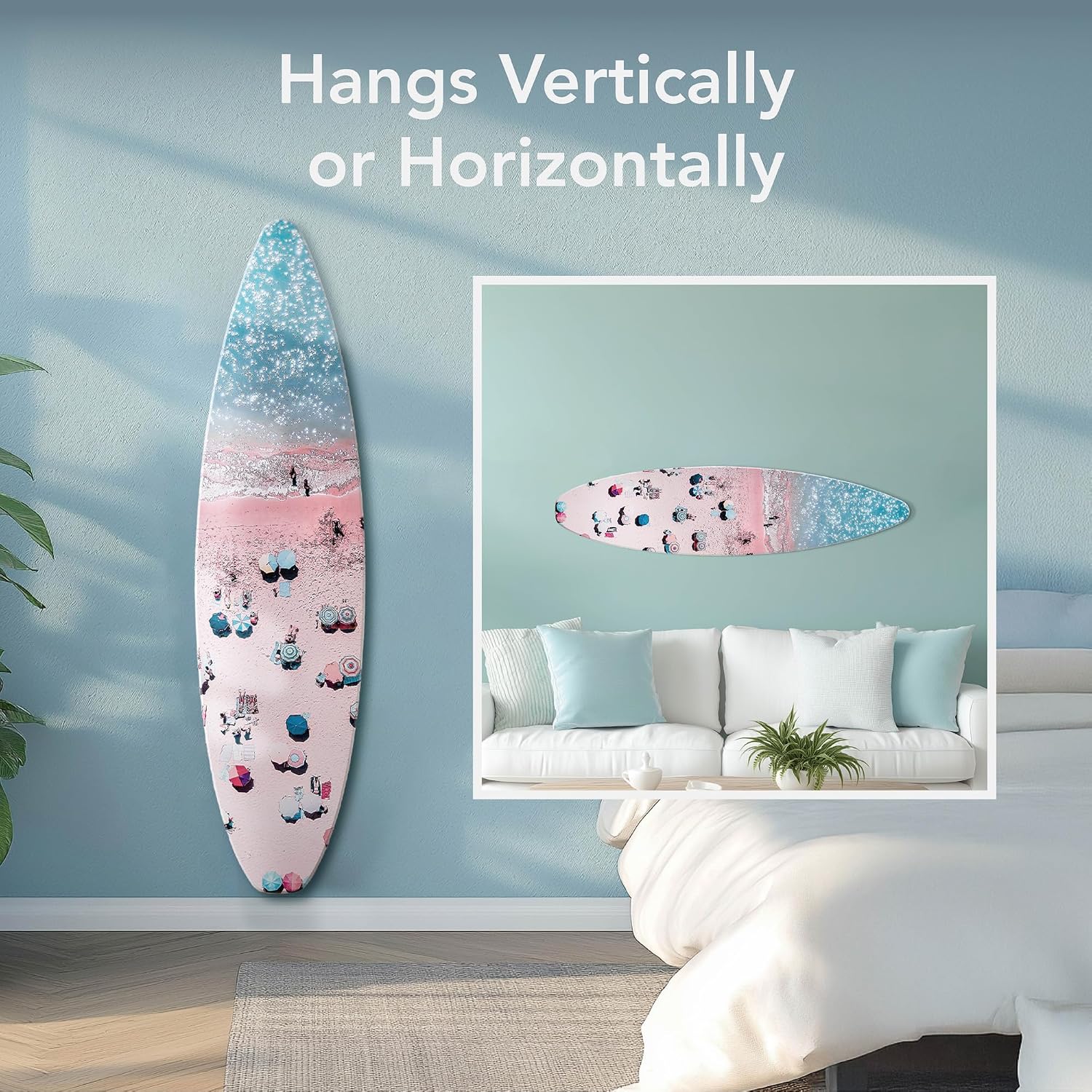 American Art Decor Surfboard - Crowd on the Beach Wall Art - Beach shore Room Decor, Bathroom Wall Decor, Coastal Home & Office Decor, Surf-Inspired Bedroom & Living Room Wall Decor