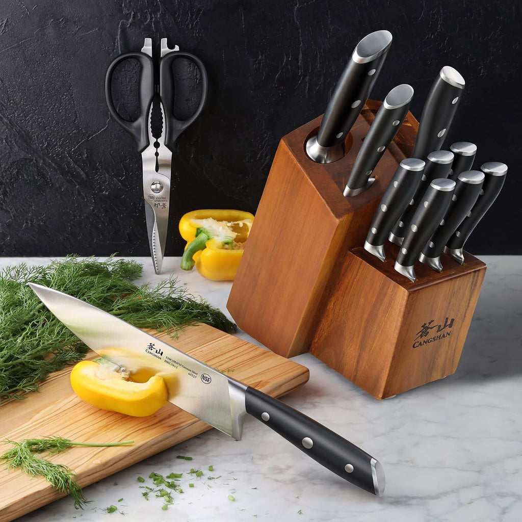 Cangshan Alps Series 1026672 German Steel Forged 12-Piece Knife Block Set, Acacia (Black)