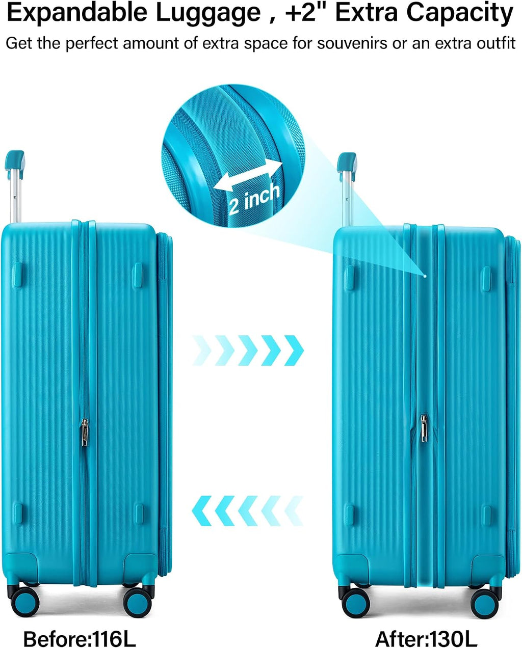 Hanke Large Expandable 28 Inch Luggage with Spinner Wheels Top Opening Travel Luggage Hard Shell Rolling Suitcases Lightweight Checked Luggage with Cup Holder(Caribbean Blue)