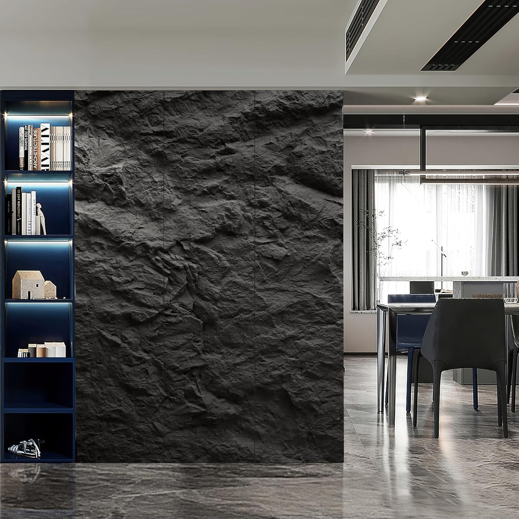 KASARO 3D Faux Stone Wall Panels, 4 PCS PU Wainscoting Panel for Interior Wall Decor, Cement Texture Thicker Accent for Home, Office, 43.3 × 23.6 inch, Black