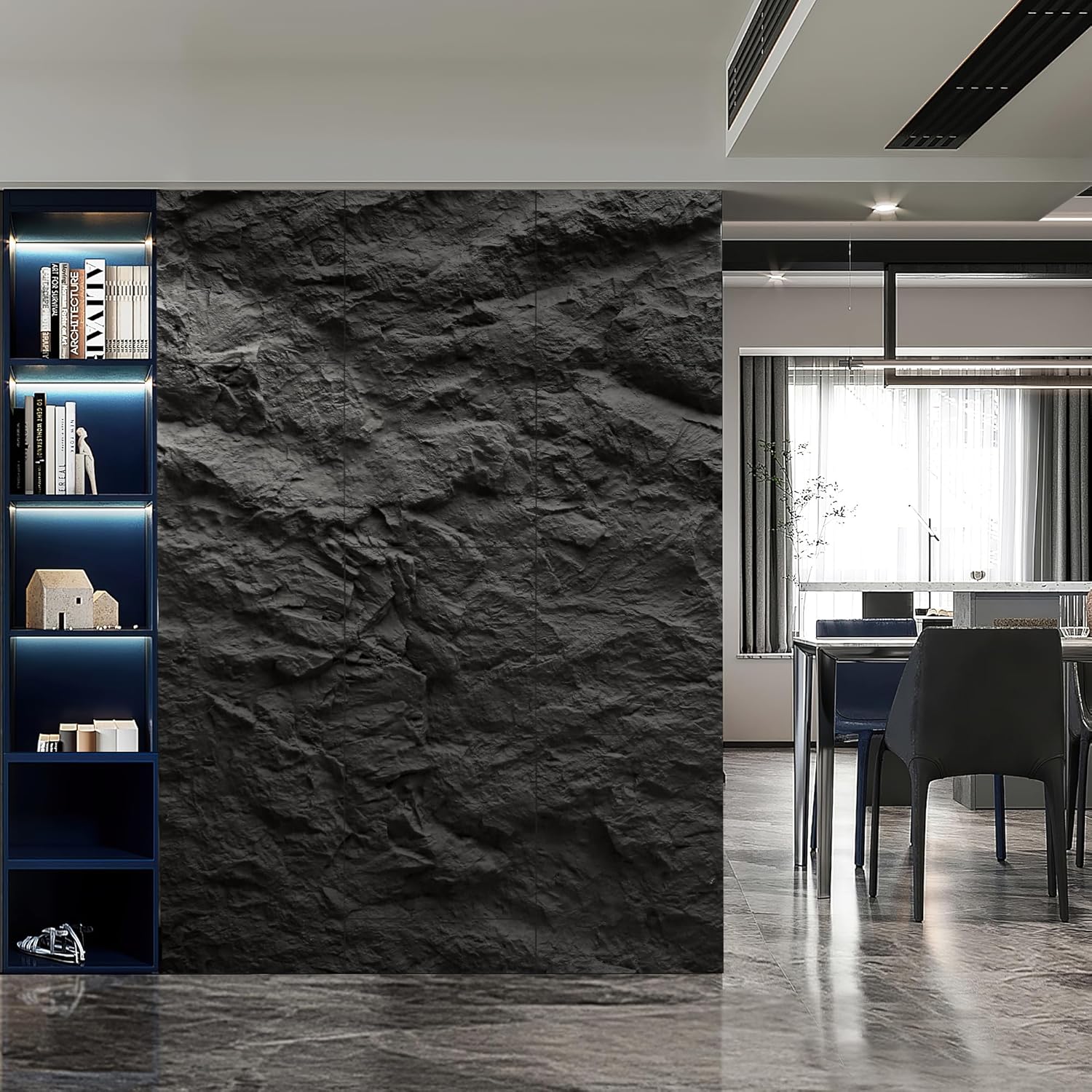 KASARO 3D Faux Stone Wall Panels, 4 PCS PU Wainscoting Panel for Interior Wall Decor, Cement Texture Thicker Accent for Home, Office, 43.3 × 23.6 inch, Black