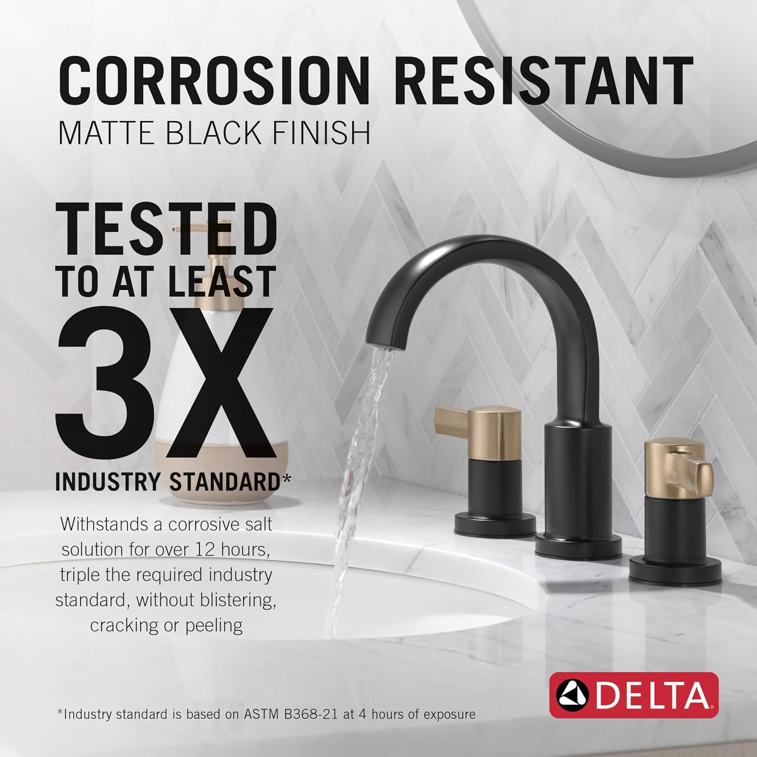 Delta Albion Matte Black/Brushed Gold Bathroom Faucet 3 Hole, 8 Inch Widespread Bathroom Sink Faucet for Vanity, Metal Push-Pop Drain Assembly, Matte Black/Champagne Bronze 35855LF-GZ