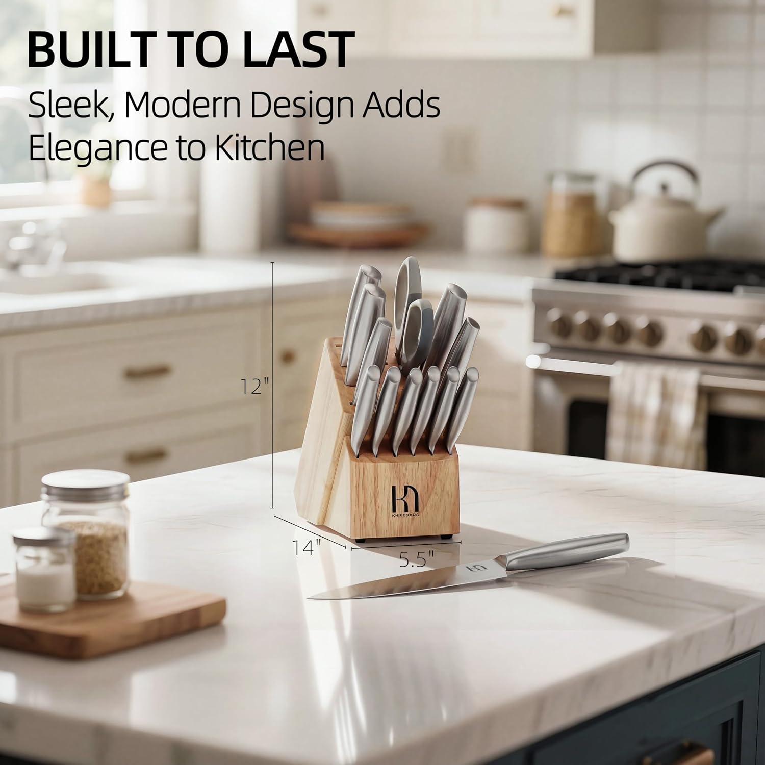 KnifeSaga Knife Set, Premium Knife Block Set for Kitchen 14 Pcs UltraSharp Japanese High Carbon Stainless Steel with Block and Built-in Sharpener, Kitchen Knives Set with Non-serrated Steak Knives
