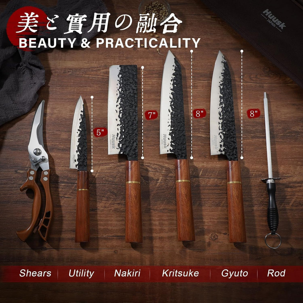 Huusk Japanese Knife Set 6pcs with Covers - Professional Chef Knife Set with Bag & Sharpener, High Carbon Steel Forged Knives Sets with Scissors, Japanese Kitchen Knives Sets, Fathers Day Gift