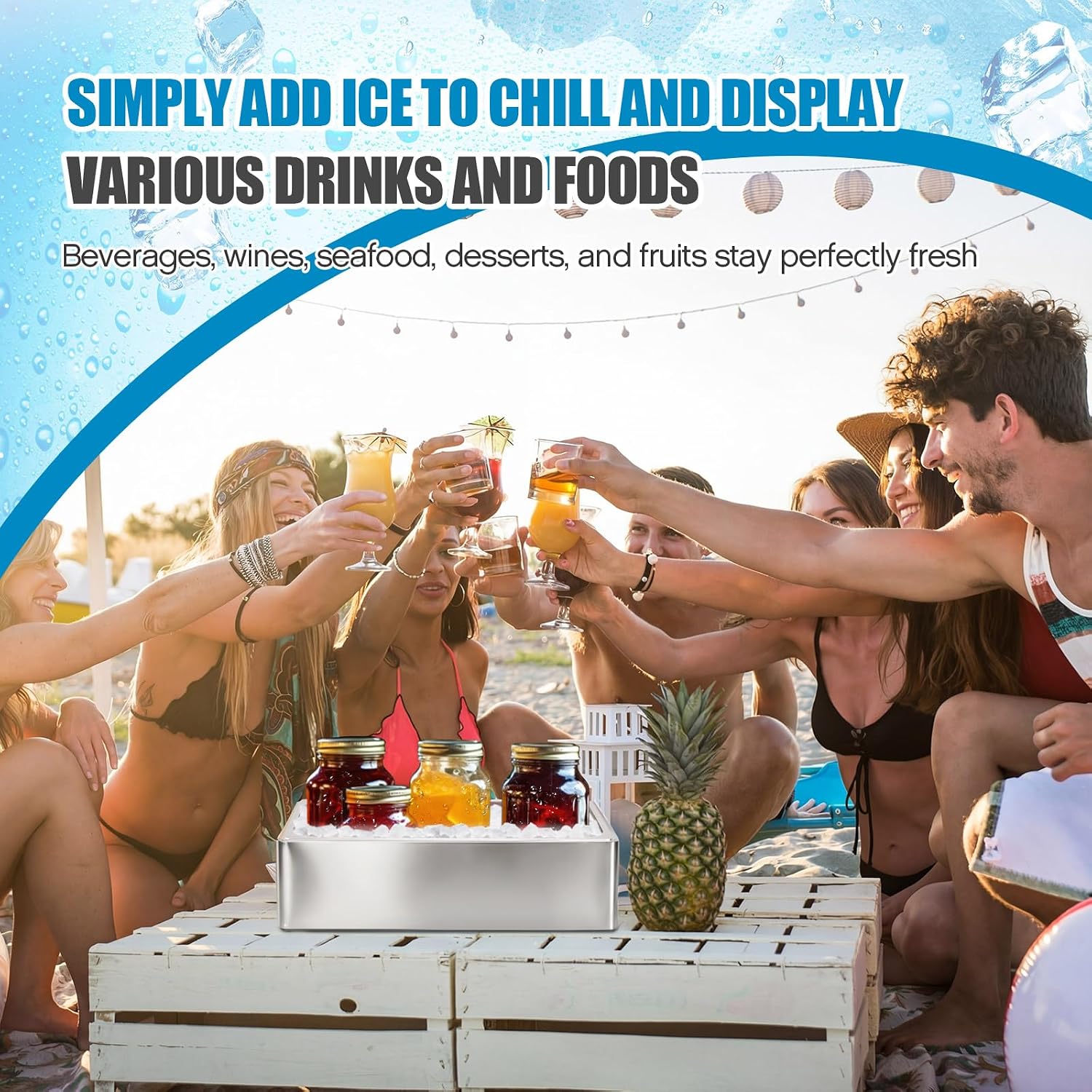Honeydak Large Ice Housing Bin with Removable Tray Ice Holder Container Wine Beer Champagne Drink Bucket Beverage Tub for Freezer Display Buffet Counter Party Chiller(Stainless Steel,21' X 13' X 5.5')