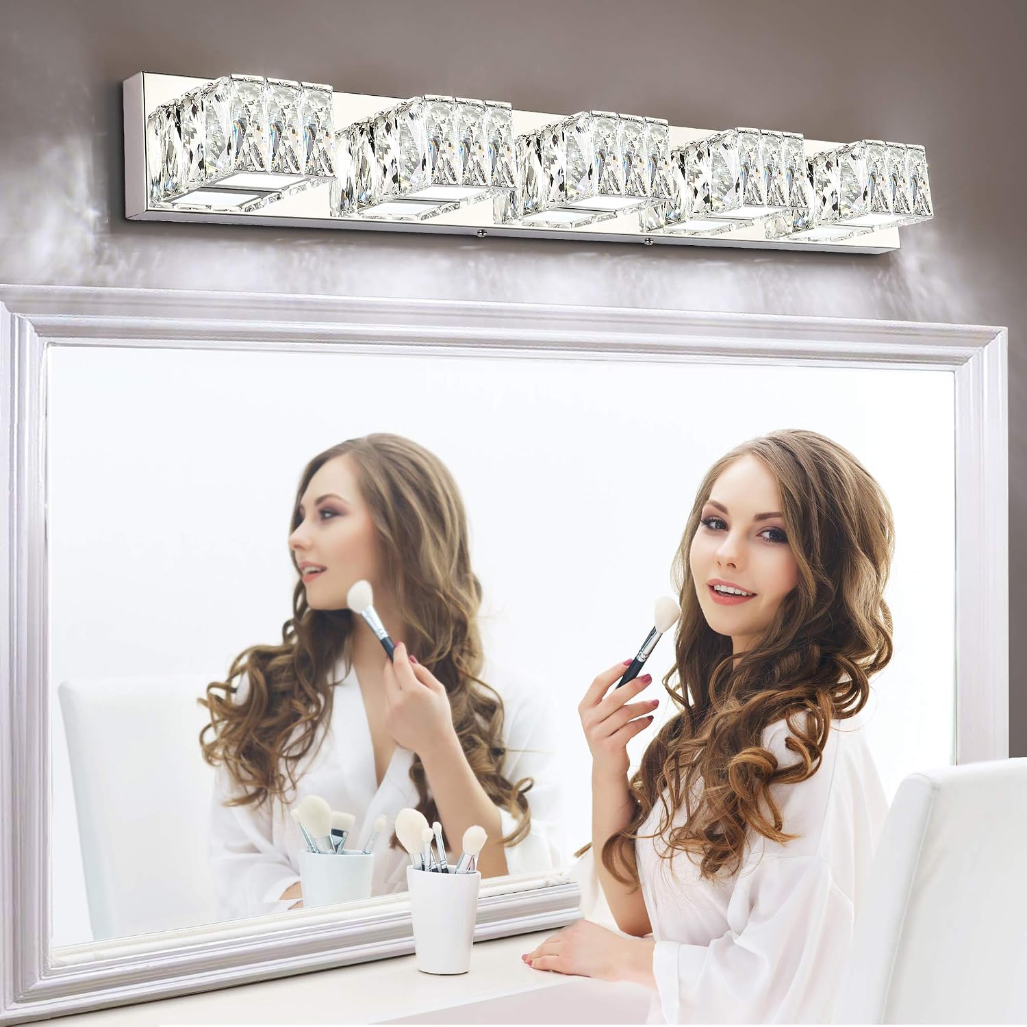 5 Lights Bathroom Vanity Light - Crystal Modern Bathroom Light Fixtures - 30W Dimmable Vanity LED Lights for Restroom - Chrome Bath Light bar Cool White Light