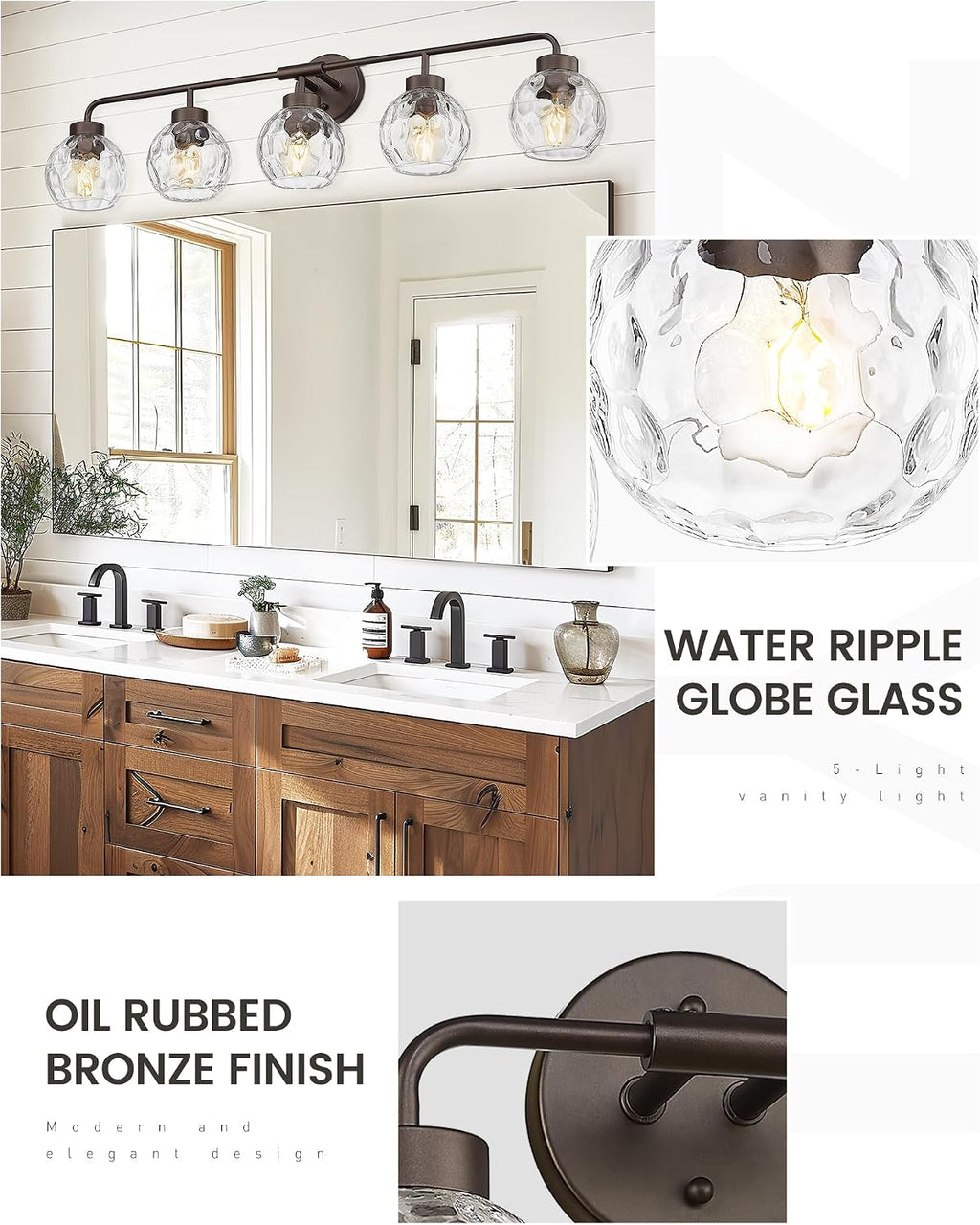 zeyu 38.5 Inch Farmhouse Bathroom Lighting Fixture, 5-Light Bathroom Vanity Light, Oil Rubbed Bronze Finish with Water Ripple Globe Glass, ZS62BG-5W ORB-WG