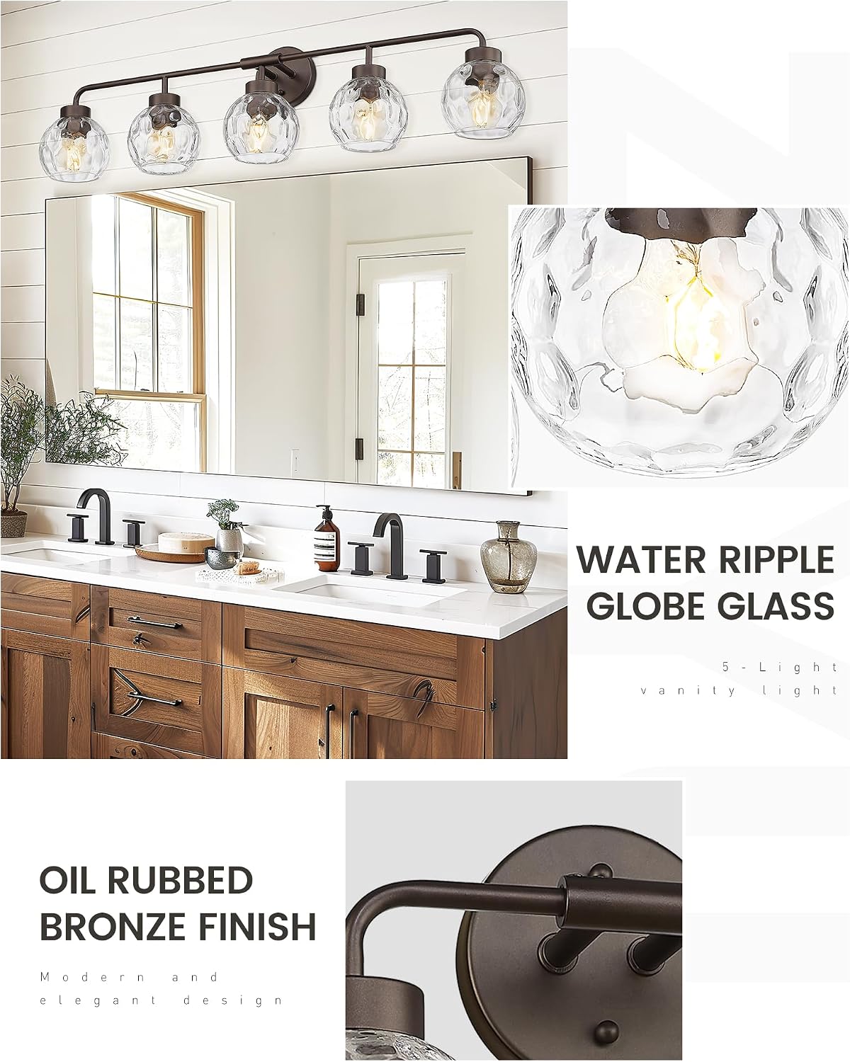 zeyu 38.5 Inch Farmhouse Bathroom Lighting Fixture, 5-Light Bathroom Vanity Light, Oil Rubbed Bronze Finish with Water Ripple Globe Glass, ZS62BG-5W ORB-WG