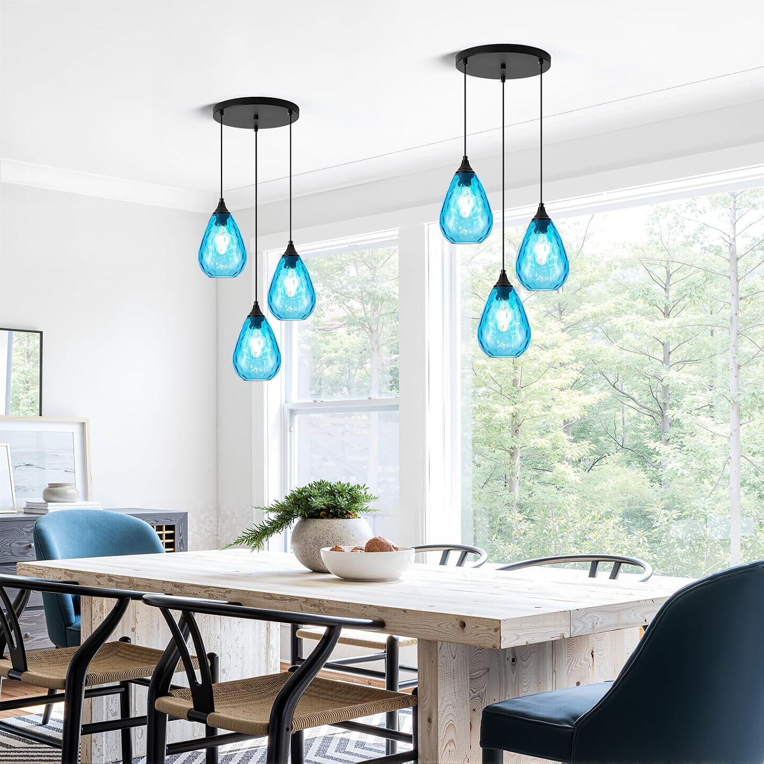 Blue 3-Light Pendant Lighting, Modern Dining Room Light Fixture Over Table with Hammered Glass, Cluster Hanging Lights for Kitchen Island Dining Room