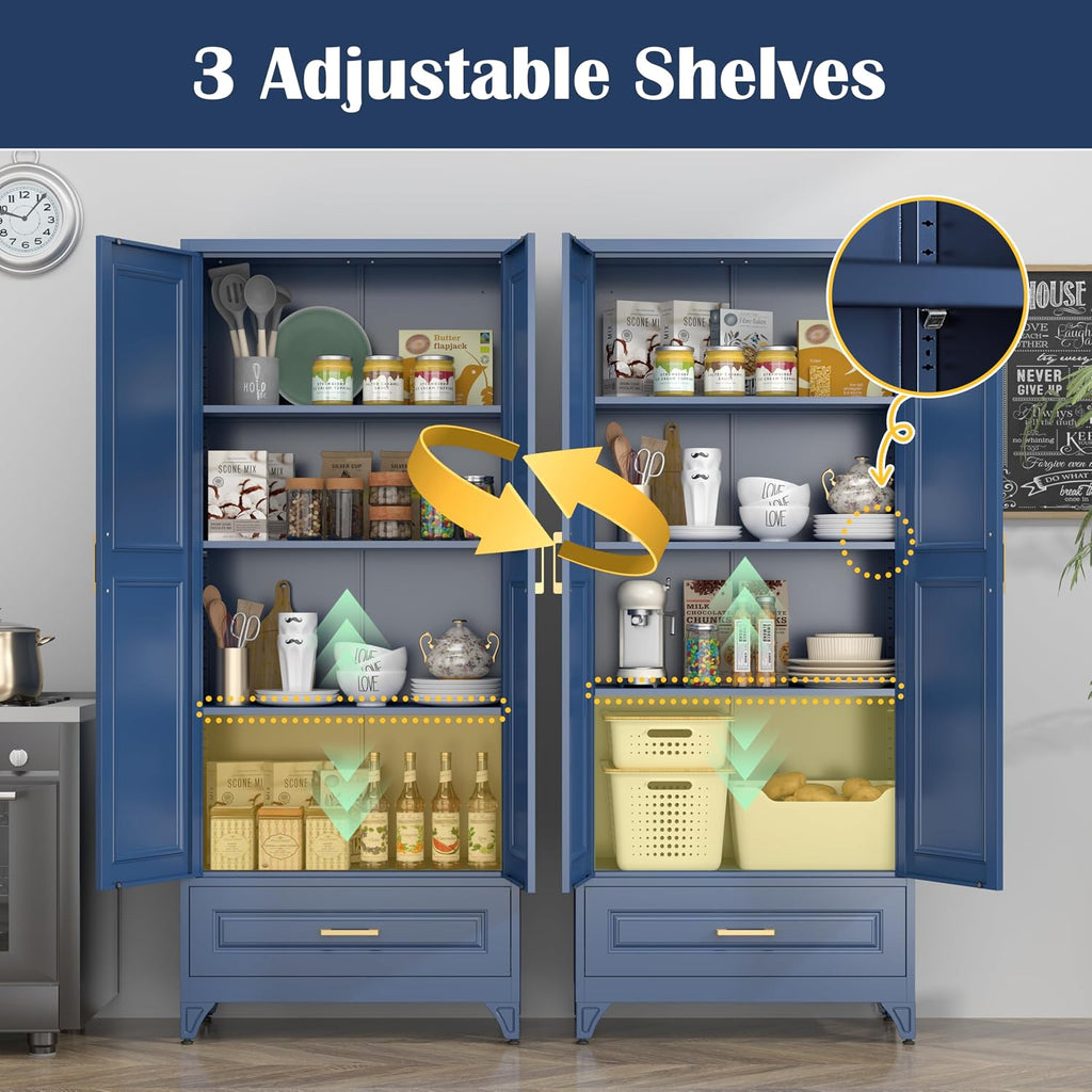 SteeLoong 75' Kitchen Pantry Cabinet with Drawer, Metal Storage Cabinets with Doors and 4 Adjustable Shelves,Blue Kitchen Cabinet with 2 Gold Handles,Food Cupboard for Livingroom,Pantry, Bathroom