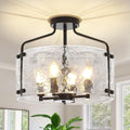 Black Semi Flush Mount Ceiling Lights, Modern Hammered Glass Entryway Hallway Light Fixtures 4-Light Drum Chandelier for Dining Room Bathroom Bedroom Kitchen Foyer Lighting