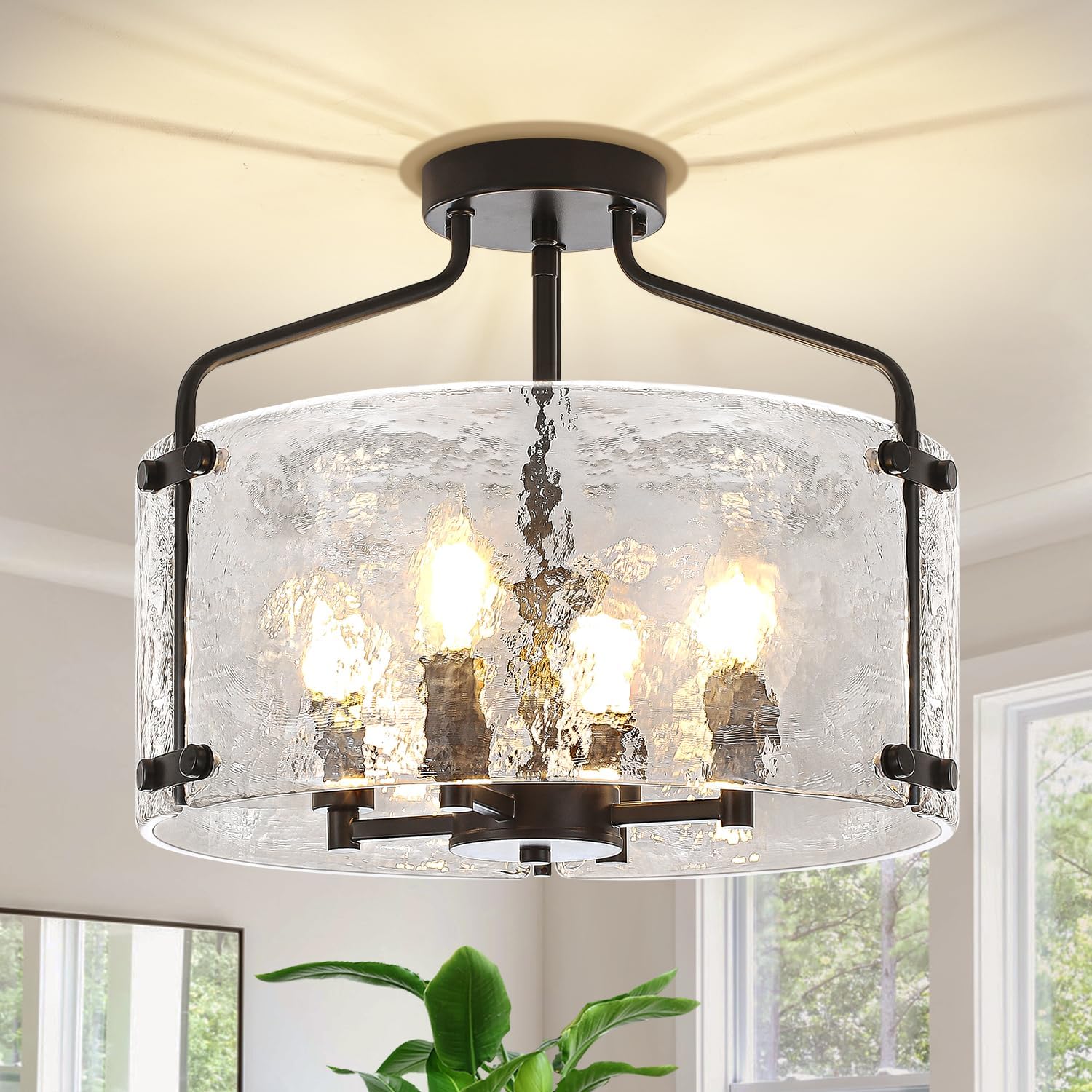 Black Semi Flush Mount Ceiling Lights, Modern Hammered Glass Entryway Hallway Light Fixtures 4-Light Drum Chandelier for Dining Room Bathroom Bedroom Kitchen Foyer Lighting