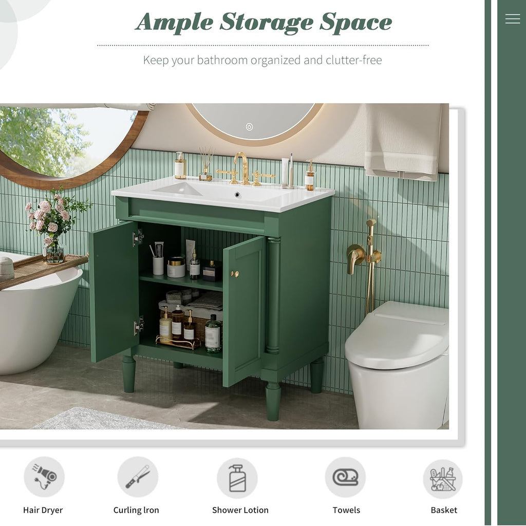 Virubi 30 Inch Small Bathroom Vanity with Sink and 2-Door Cabinet, Modern Bathroom Storage Cabinet with Adjustable Shelf and Soft-Close Door, Solid Wood Frame(Green)
