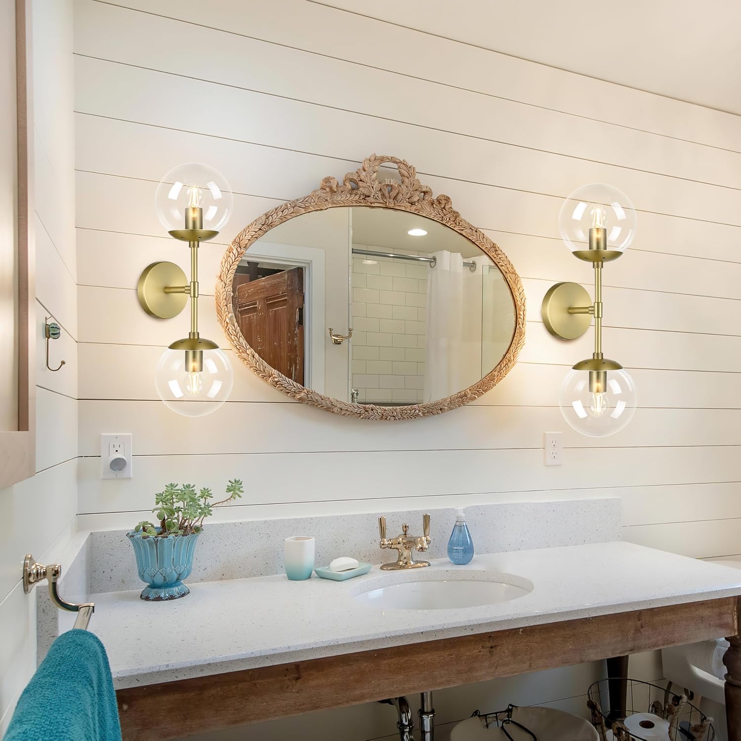 KoKo&Yukina 2 Pack Mid Century Modern Bathroom Vanity Light Brushed Gold Vanity Lighting Fixtures Modern Wall Sconce 2-Lights Globe Vanity Light with Clear Glass Shade for Bathroom(Bulb Incl)