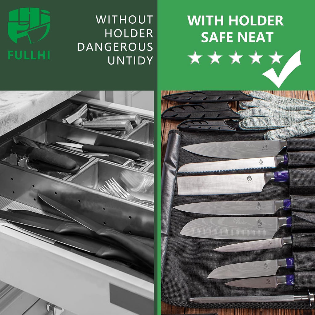 FULLHI Knife Set with Magnetic Knife Block Holder,15pcs Japanese Knives Set, German Stainless Steel chef Knife Set