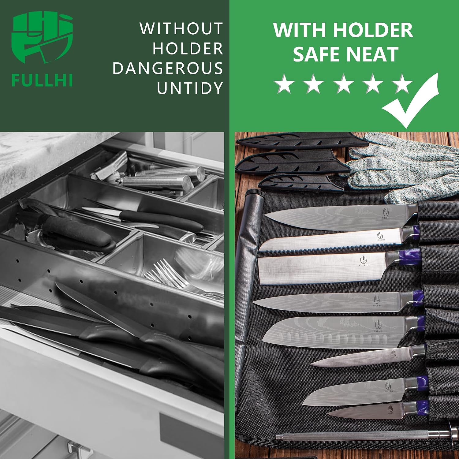 FULLHI Knife Set with Magnetic Knife Block Holder,15pcs Japanese Knives Set, German Stainless Steel chef Knife Set