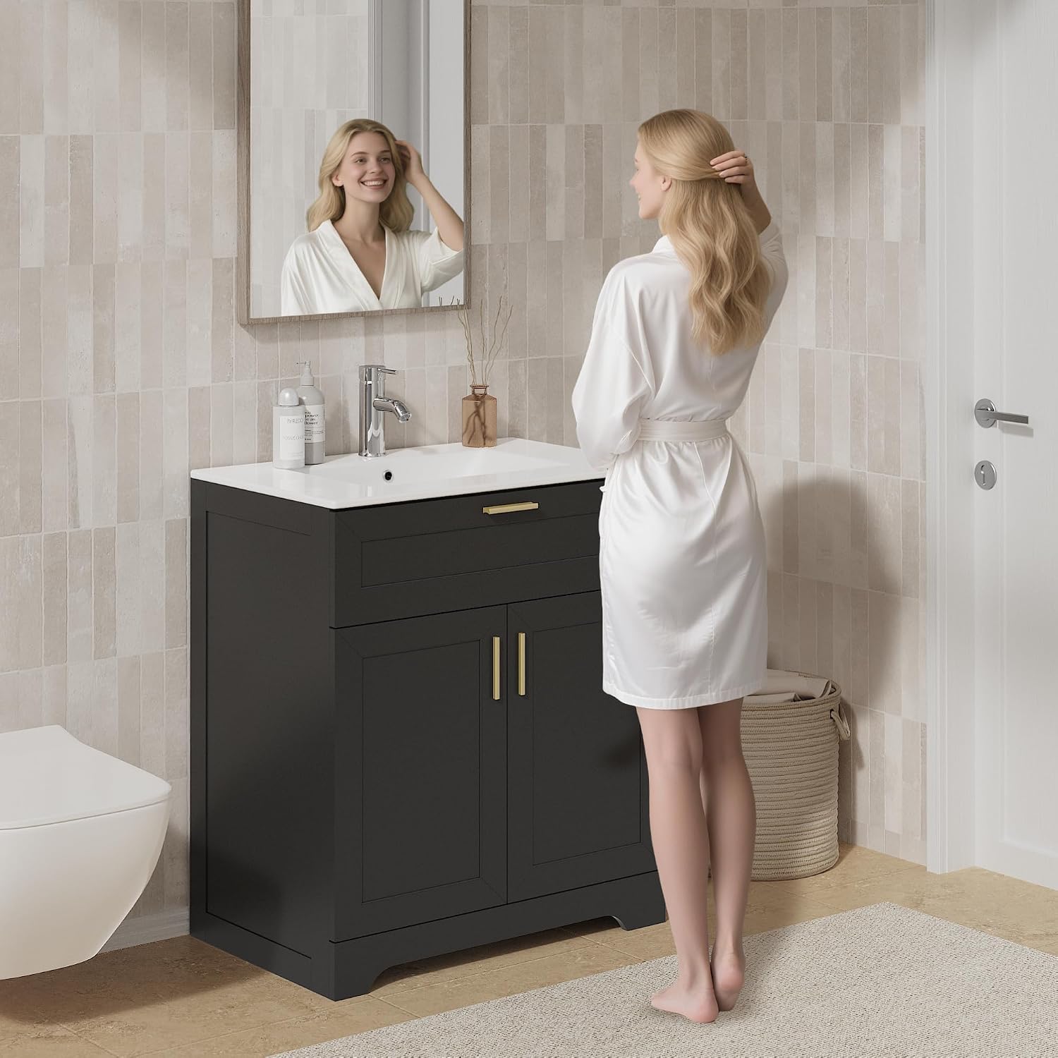KIGOTY 30' Modern Bathroom Vanity with Ceramic Sink, Wooden Bathroom Storage Cabinet and Sink Combo Set, Freestanding Vanity Sink Cabinet with Faucet, Drawer and Soft-Closing Door (Black)