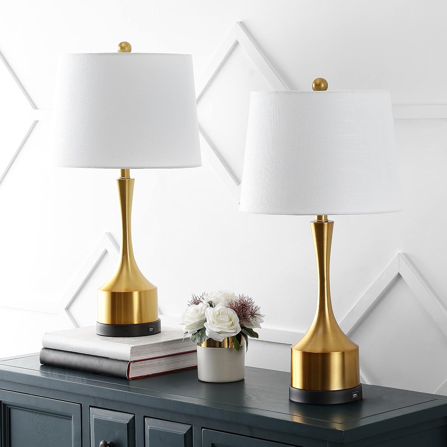 JONATHAN Y 26' Brass Gold Table Lamp Set of 2 with USB Charging Port, French Country Bedside Lamps for Living Room Bedroom Decor, White Linen Shade, LED Bulbs Included JYL4045A-SET2