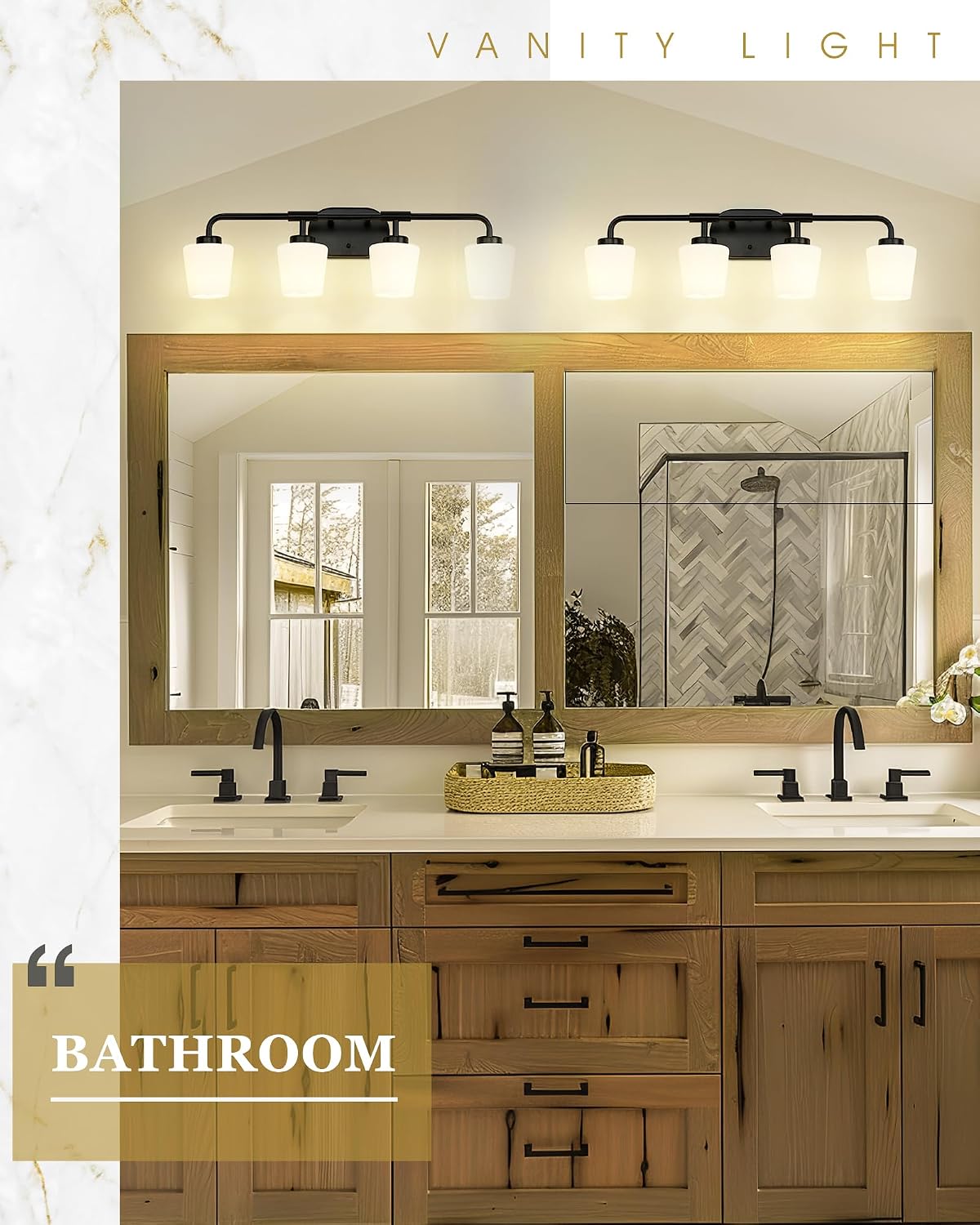 4-Light Black Bathroom Light Fixtures Over Mirror, White Glass | Vanity Lighting Fixtures with Milk White Glass, Vintage Farmhouse Wall Sconces Lighting, AD-22004-4W-BK