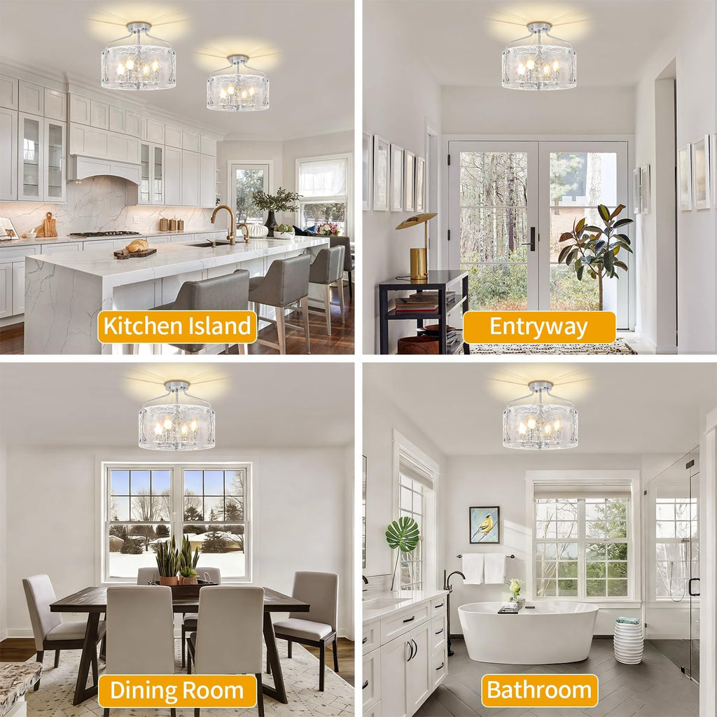 Brushed Nickel Semi Flush Mount Ceiling Lights, 15.3 inch Hammered Glass Entryway Hallway Light Fixtures, 4-Light Modern Drum Chandeliers for Dining Room Bedroom Bathroom Foyer
