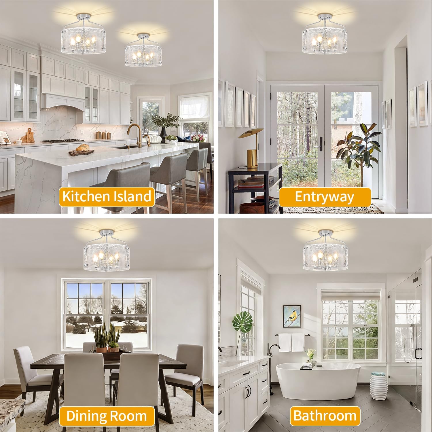 Brushed Nickel Semi Flush Mount Ceiling Lights, 15.3 inch Hammered Glass Entryway Hallway Light Fixtures, 4-Light Modern Drum Chandeliers for Dining Room Bedroom Bathroom Foyer
