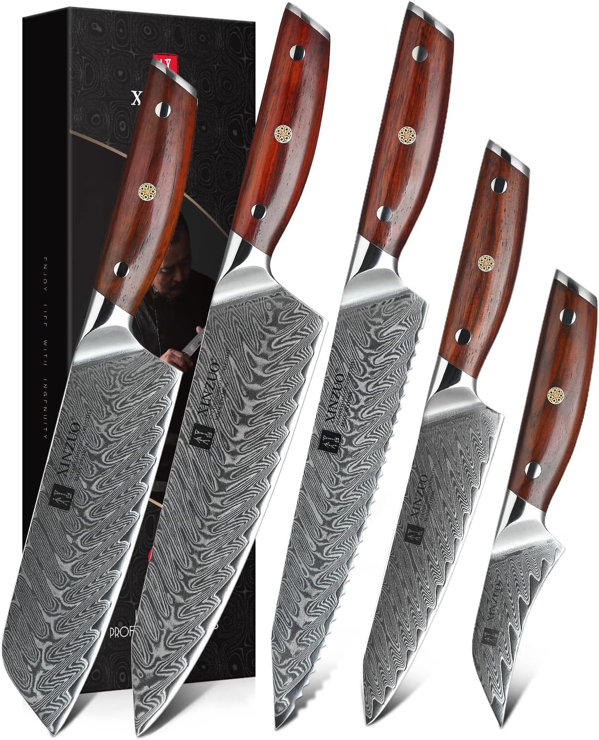 XINZUO 5 Pcs Knife Set, Professional Super Damscus Steel Kitchen Knife Set, Ultra Sharp Blade, Natural Rose Handle, Chef Gift Box-Yi Series
