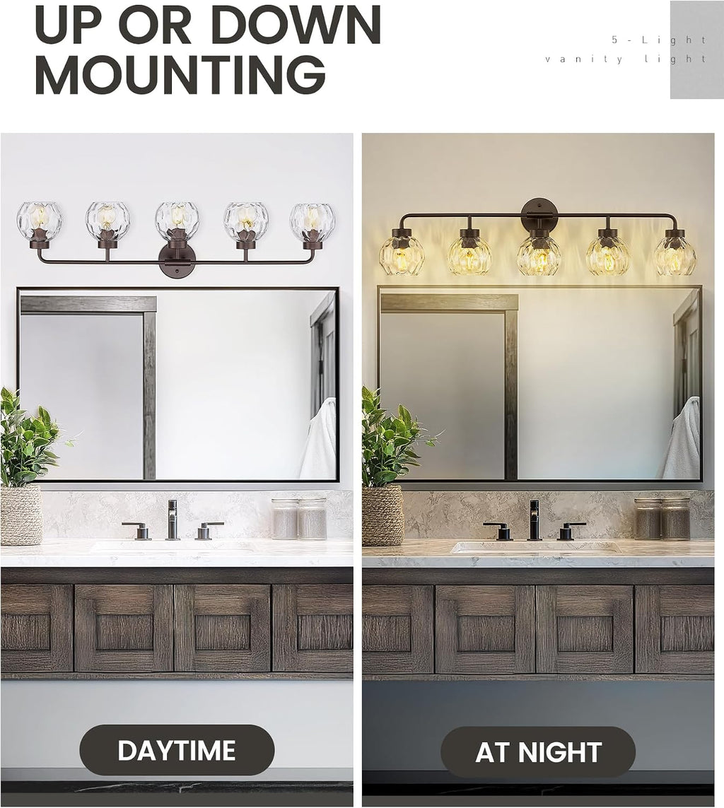 zeyu 38.5 Inch Farmhouse Bathroom Lighting Fixture, 5-Light Bathroom Vanity Light, Oil Rubbed Bronze Finish with Water Ripple Globe Glass, ZS62BG-5W ORB-WG