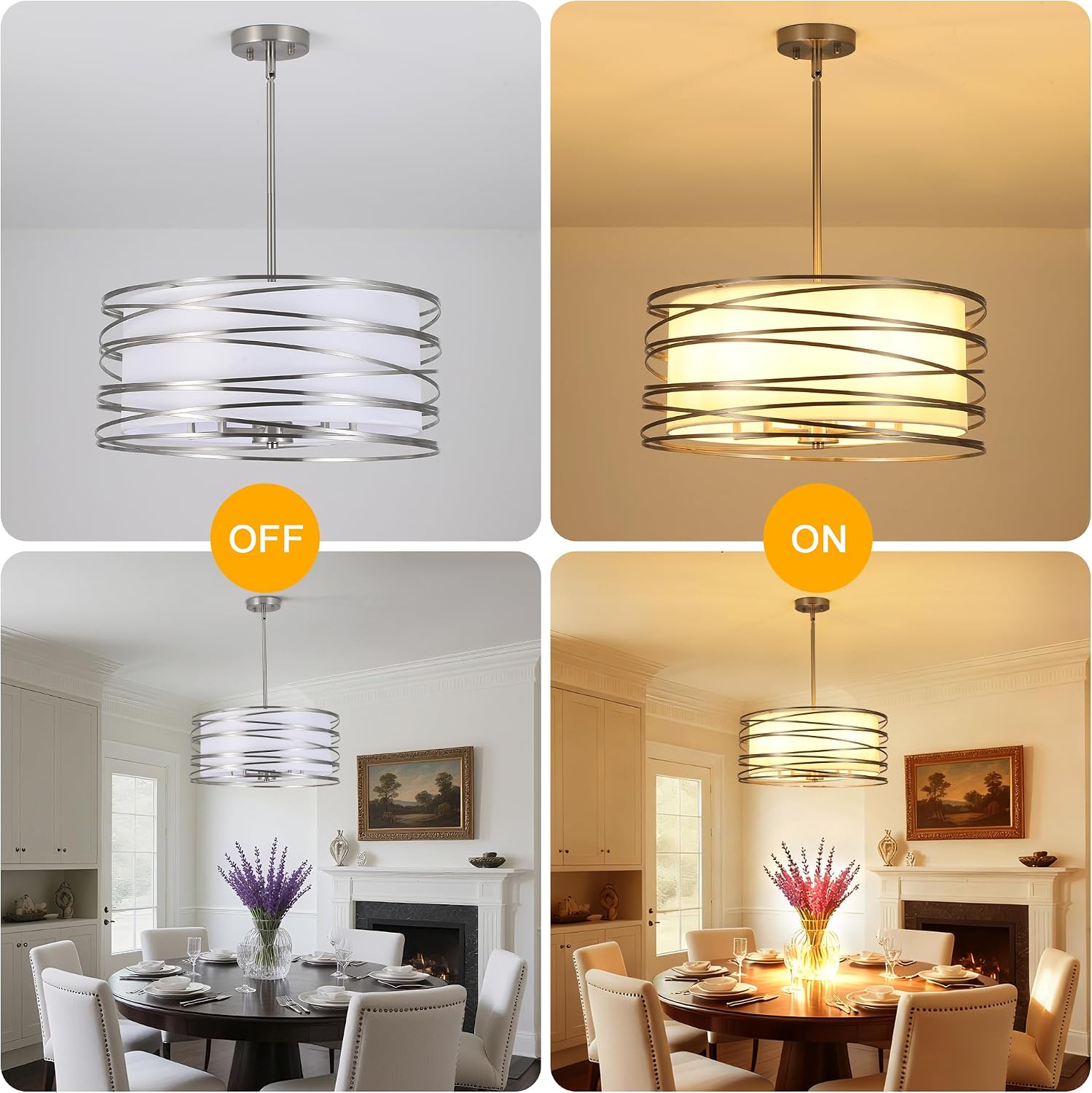 ACNKTZ 19.7'' Brushed Nickel Drum Chandeliers for Dining Room, 5-Lights Kitchen Chandeliers Over Table, Entryway Light Fixture Hanging, Industrial Round Chandelier for Living Room Stairwell Bedroom