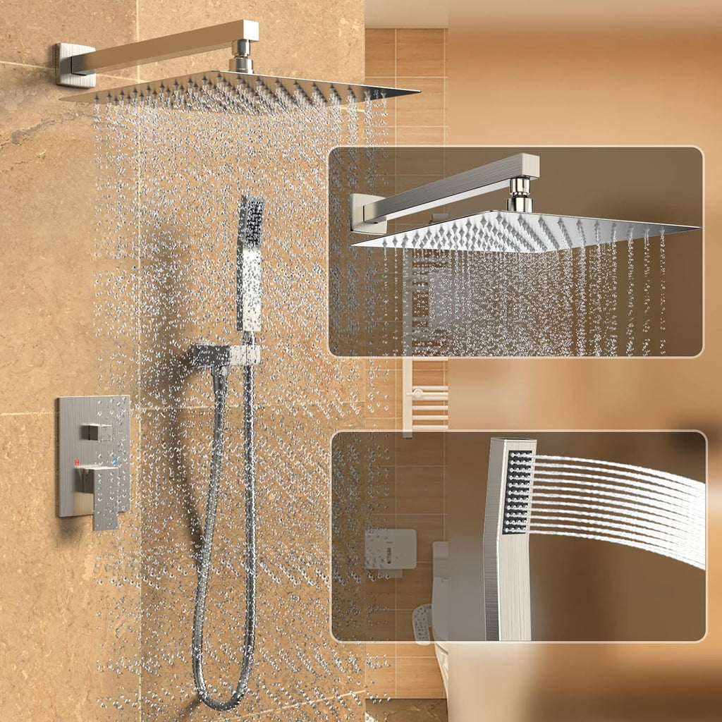 Rain Shower System 12 Inches Shower Head with Handheld Combo Set for Bathroom,High Pressure Rainfall Shower Faucet Set Wall Mounted,Rough-in Valve and Trim Kit(Brushed Nickel)