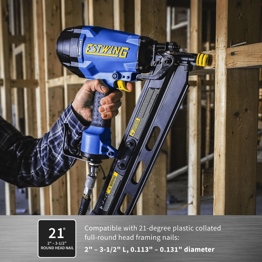 Estwing Pneumatic 21 Degree Framing Nailer, 2'–3-1/2' Framing Nails, Lightweight Magnesium Nail Gun with Depth Adjustment, Dual Trigger & Swivel Fitting, Includes Belt Hook & Carry Bag, EFR2190