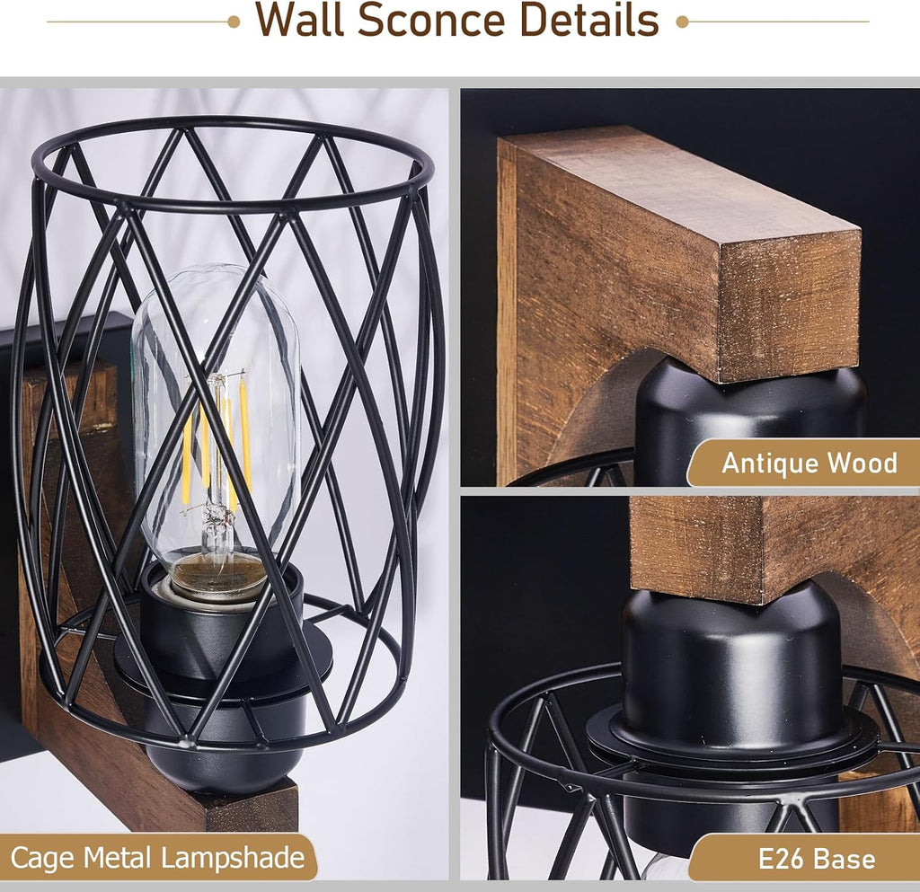5-Light Farmhouse Bathroom Vanity Light, Wood Bathroom Lighting Fixtures Over Mirror, Black Vanity Light Fixtures with Cage Metal Shade, Rustic Bathroom Light with E26 Base