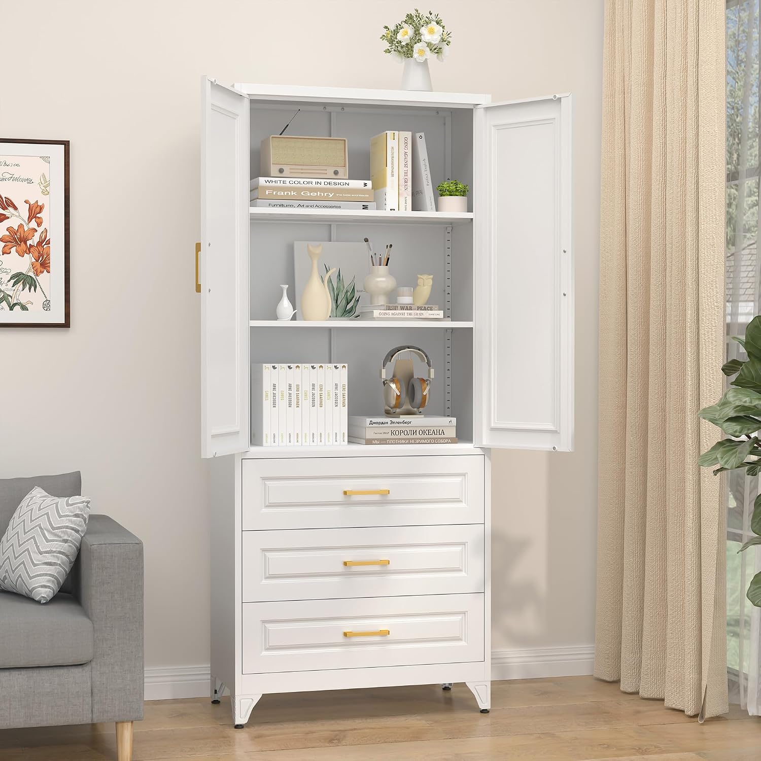 SteeLoong 75' Kitchen Pantry Cabinet with 3 Drawer,Metal Storage Cabinets with Doors and 4 Adjustable Shelves,White Kitchen Cabinet with 2 Gold Handles,Food Cupboard for Livingroom,Pantry, Bathroom