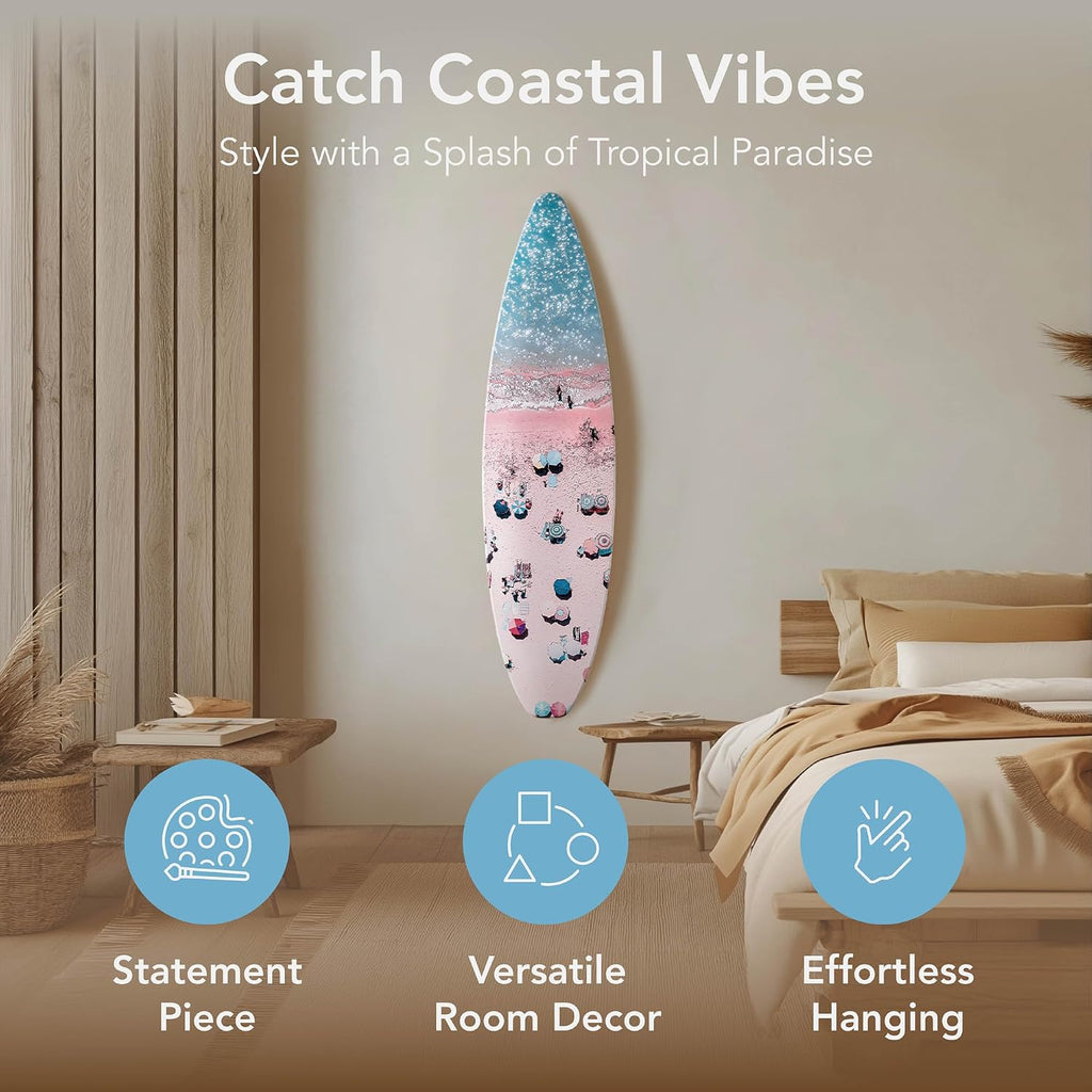American Art Decor Surfboard - Crowd on the Beach Wall Art - Beach shore Room Decor, Bathroom Wall Decor, Coastal Home & Office Decor, Surf-Inspired Bedroom & Living Room Wall Decor