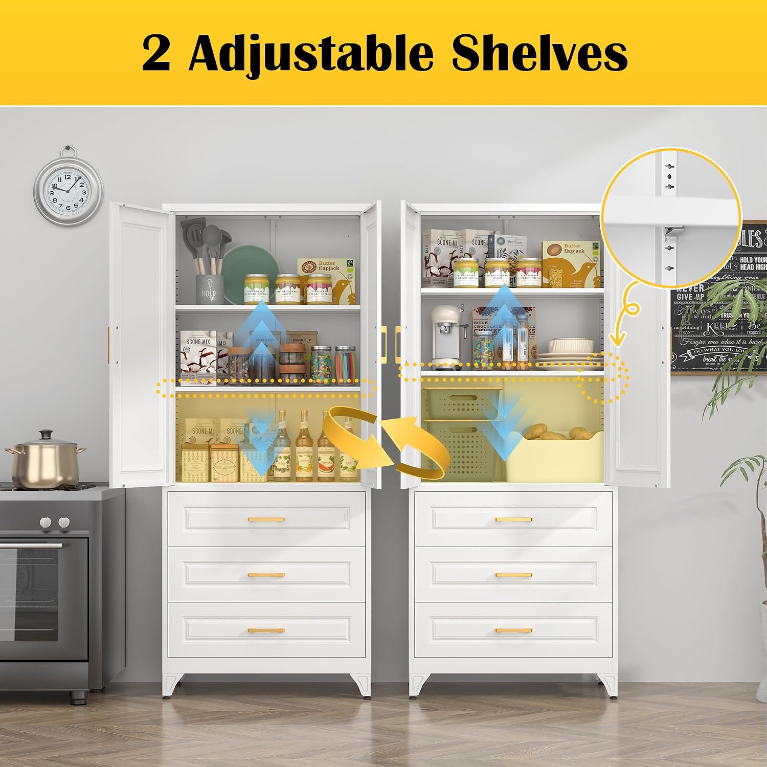 SteeLoong 75' Kitchen Pantry Cabinet with 3 Drawer,Metal Storage Cabinets with Doors and 4 Adjustable Shelves,White Kitchen Cabinet with 2 Gold Handles,Food Cupboard for Livingroom,Pantry, Bathroom