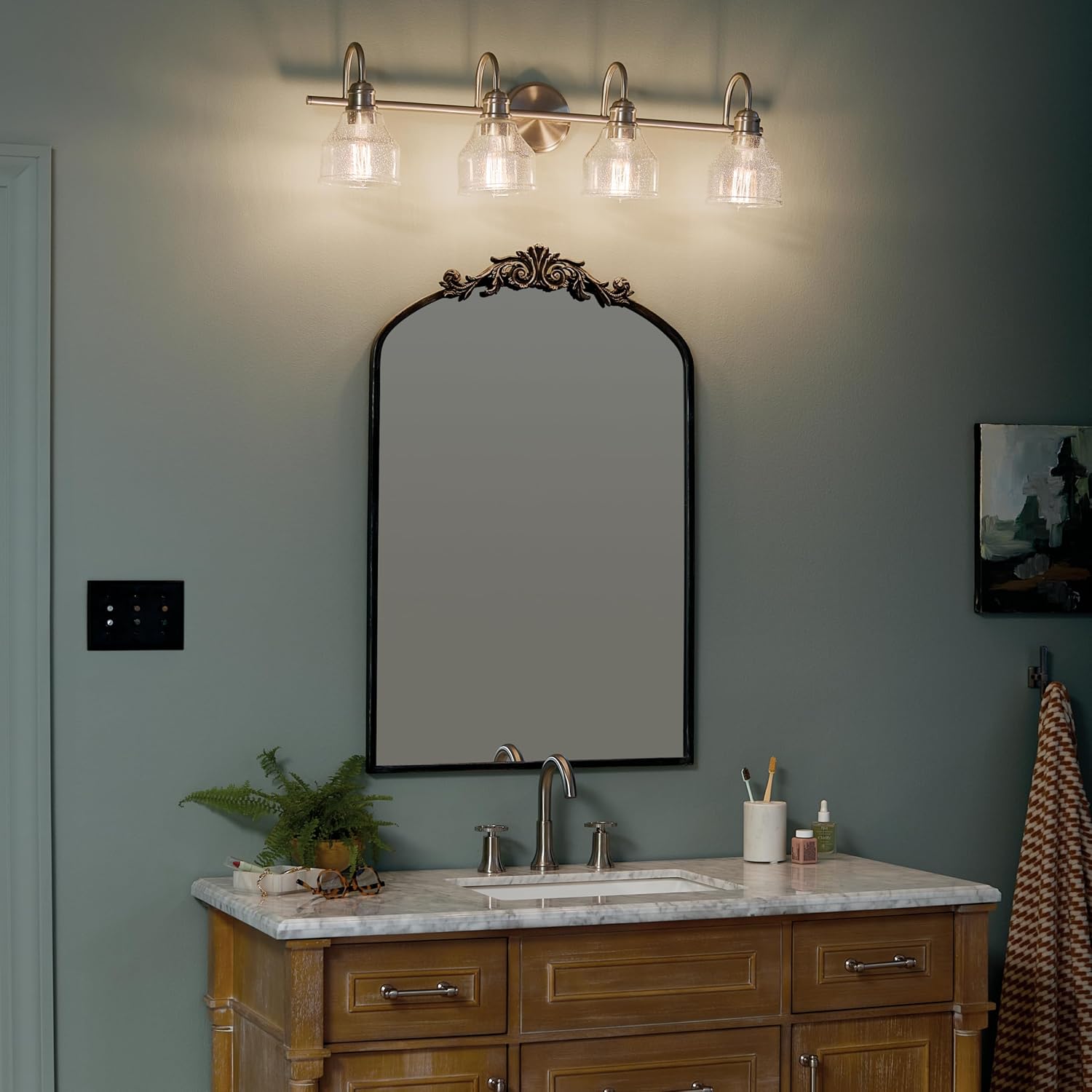 Kichler Avery 33.25' 4 Light Bathroom Vanity Light in Brushed Nickel, Vintage Bathroom Wall Mount Fixture with Clear Seeded Glass, (33.25' W x 9.25' H), 45974NI