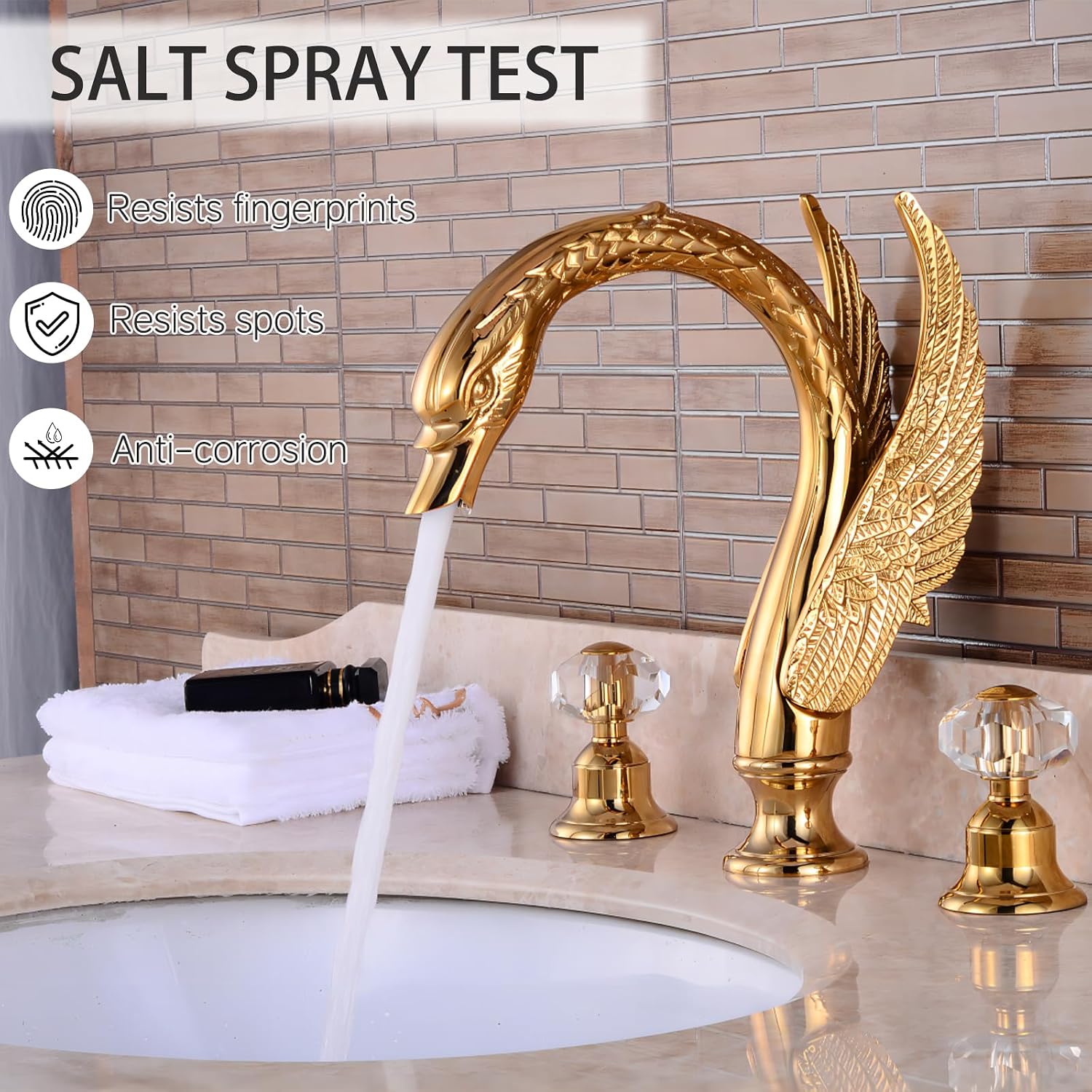 Golden Ornate Swan Style Bathroom Sink Faucet Combo Deck Mount Sink Mixer Tap Set Hot Cold Water