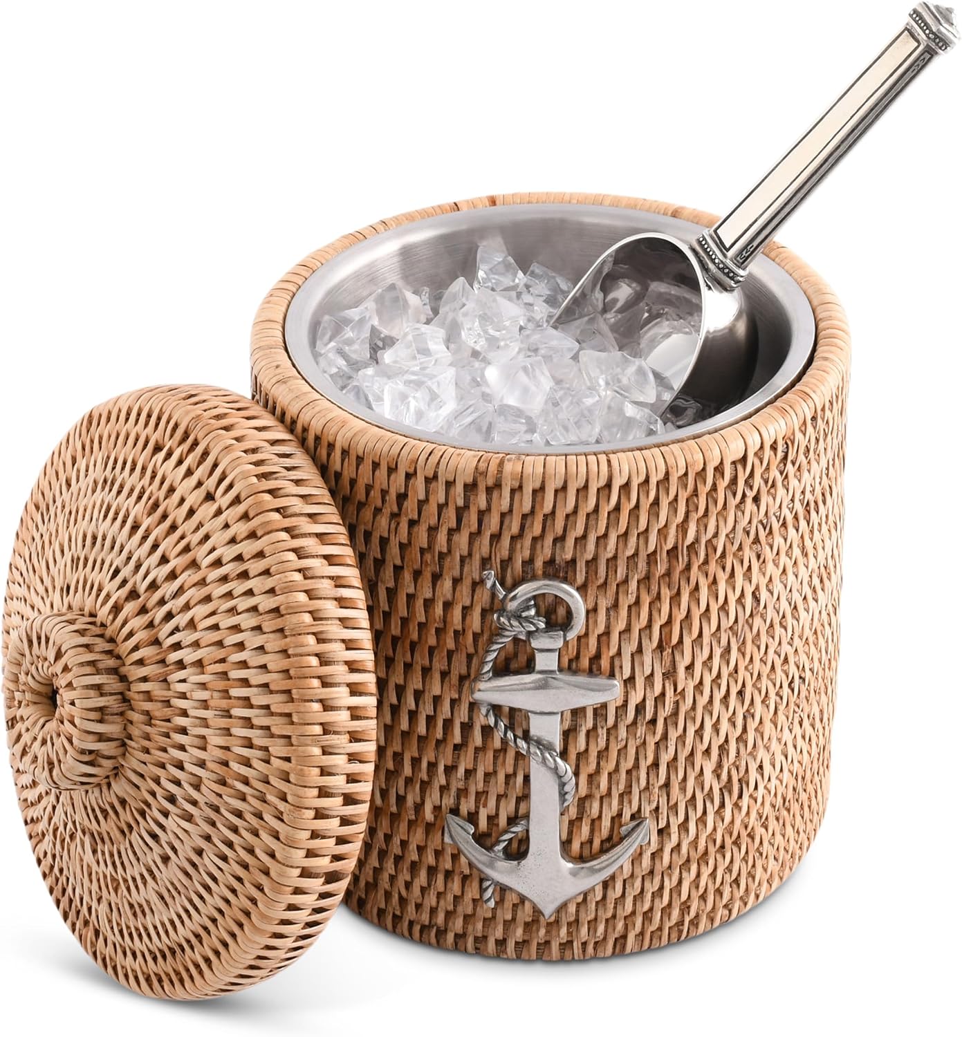 Vagabond House Inspiring Beach Essentials - Luxury Double-Walled Wicker Rattan Ice Bucket with Pewter Metal Anchor, Durable Outdoor Cooler Side Table for Beach House Coastal Boating Lidded ice cooler