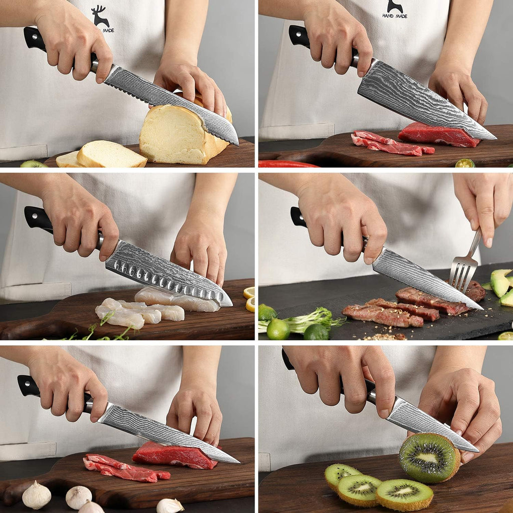 Damascus Kitchen Knife Sets, 9 Pieces Kitchen Knives Set with Block, ABS Ergonomic Handle for Chef Knife Set, Knife Sharpener and Kitchen Shears, Knife Block Set