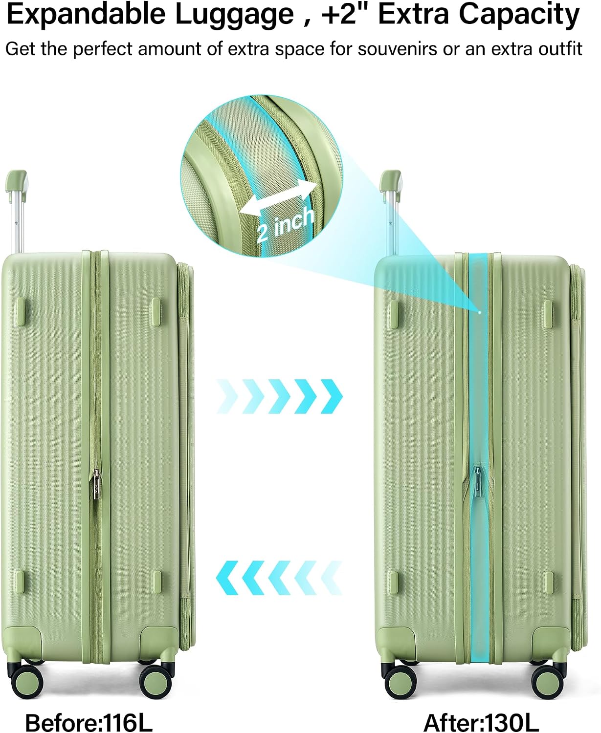Hanke Large Expandable 28 Inch Luggage with Spinner Wheels Top Opening Travel Luggage Hard Shell Rolling Suitcases Lightweight Checked Luggage with Cup Holder(Bamboo Green)