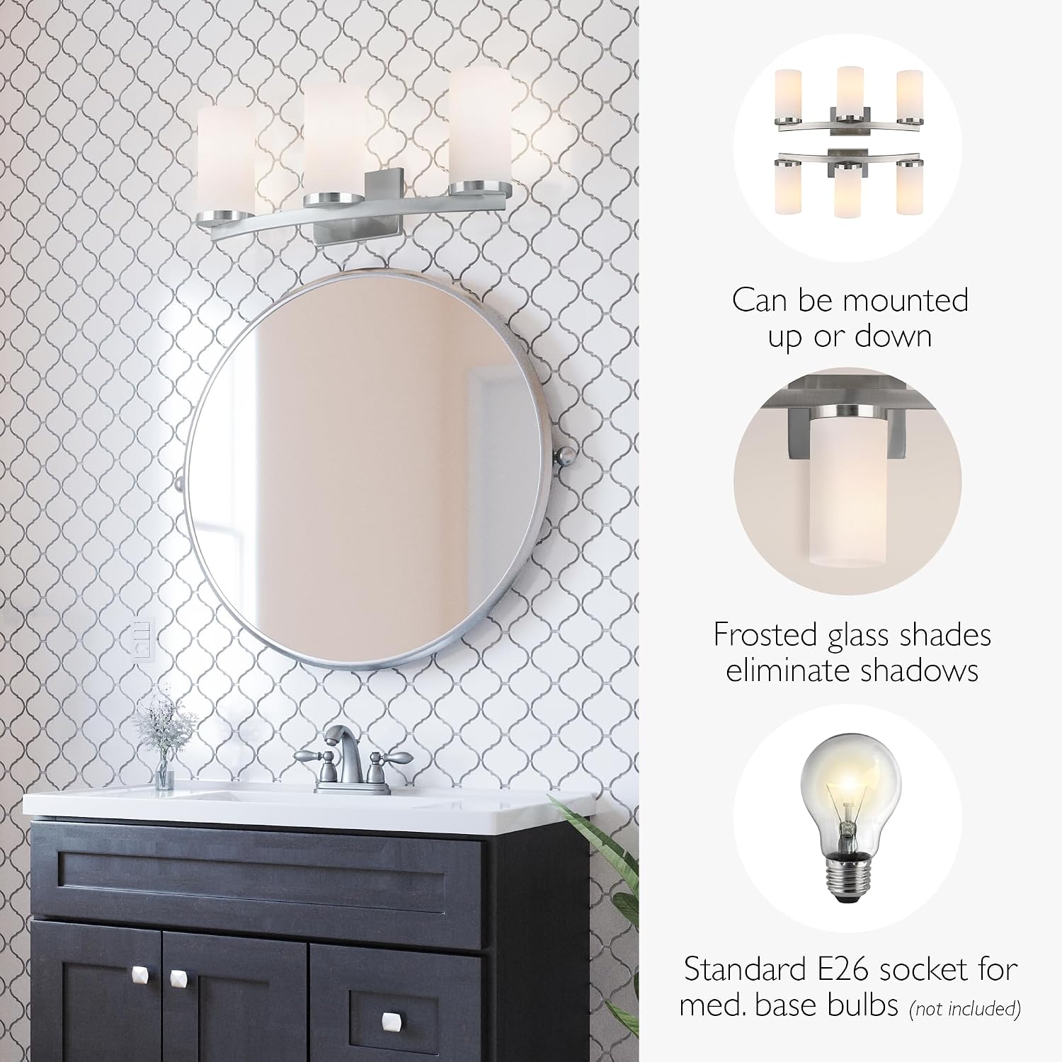 Design House Desta Vanity Light, 3-Light, Curved Bar Design, Frosted Glass Glow, Dimmable, Up/Down Mountable, E26 Socket, Satin Nickel, 22.4 in L x 6.9 in W x 9.5 in H, 589150-SN