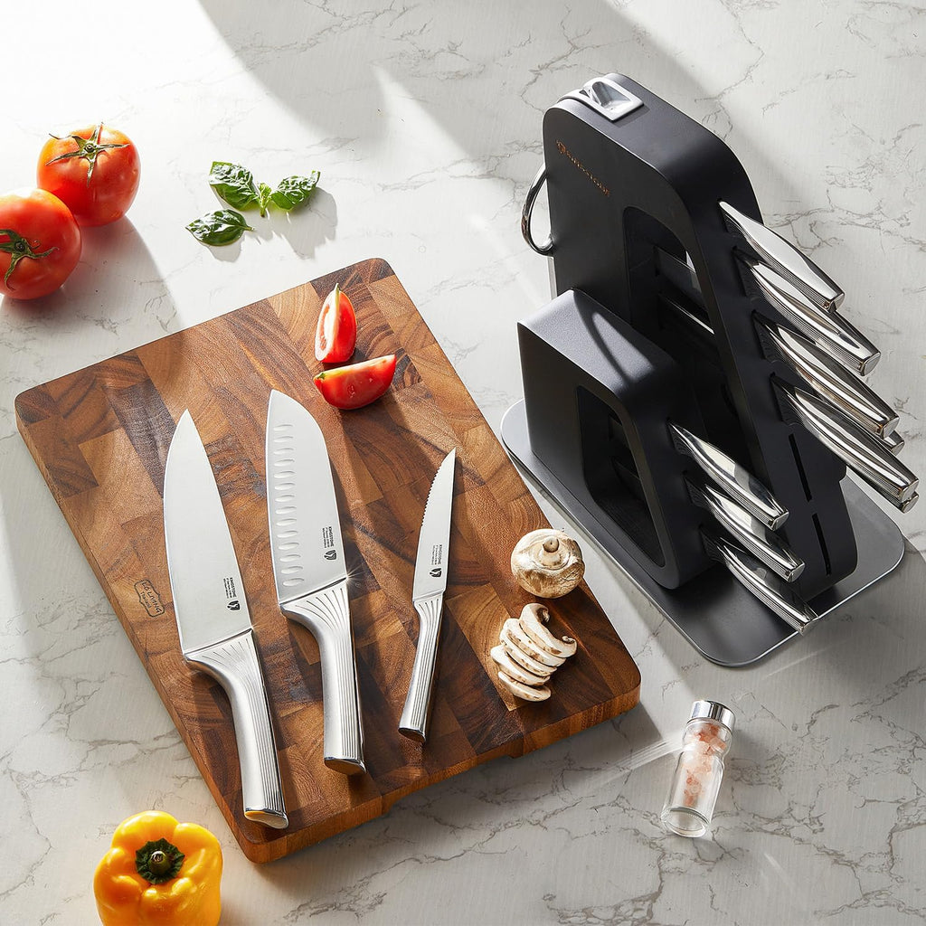 KINGSTONE 14 Pcs Kitchen Knife Set with Block, German Stainless Steel Knife Set with Built-in Sharpener, Dishwasher Safe Knife Block Set (Black, 14pcs)