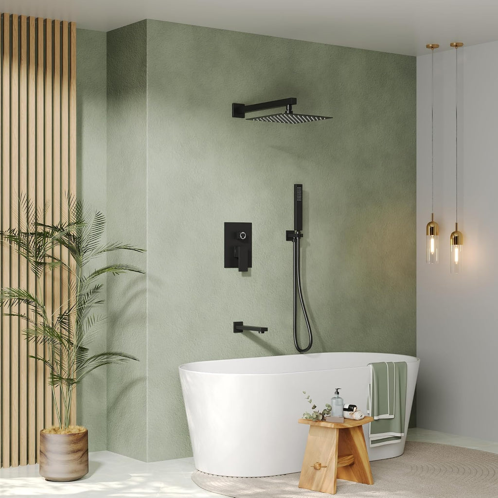 Shower Tub Faucet Set, 10' Bathroom Rainfall Shower Head Fixtures Combo with Handheld Spray and Tub Spout, Matte Black (Valve Included)