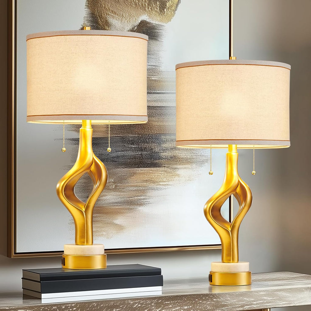 26' Modern Table Lamp Set of 2 for Living Room Bedroom, Gold Sculptural Table Lamp with 2 USB Ports, Resin Desk Lamps Marble Base with Double Pull Chains for Bedside End Tables, Bulb Included