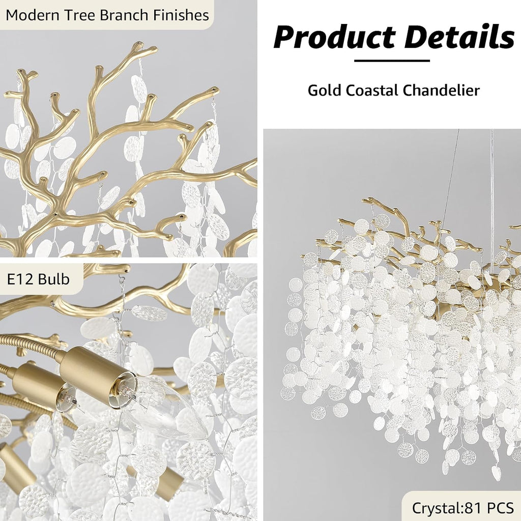 32 Inch Gold Crystal Chandelier, 10-Light Coastal Chandeliers for Dining Room, Large Modern Tree Branch Light Fixtures, Seashell Chandelier for Entryway Foyer Bathroom Living Room, E12