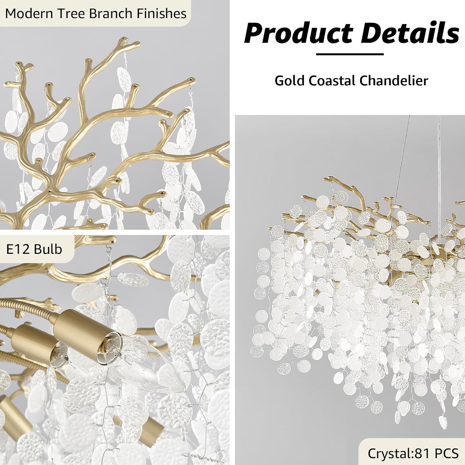 32 Inch Gold Crystal Chandelier, 10-Light Coastal Chandeliers for Dining Room, Large Modern Tree Branch Light Fixtures, Seashell Chandelier for Entryway Foyer Bathroom Living Room, E12