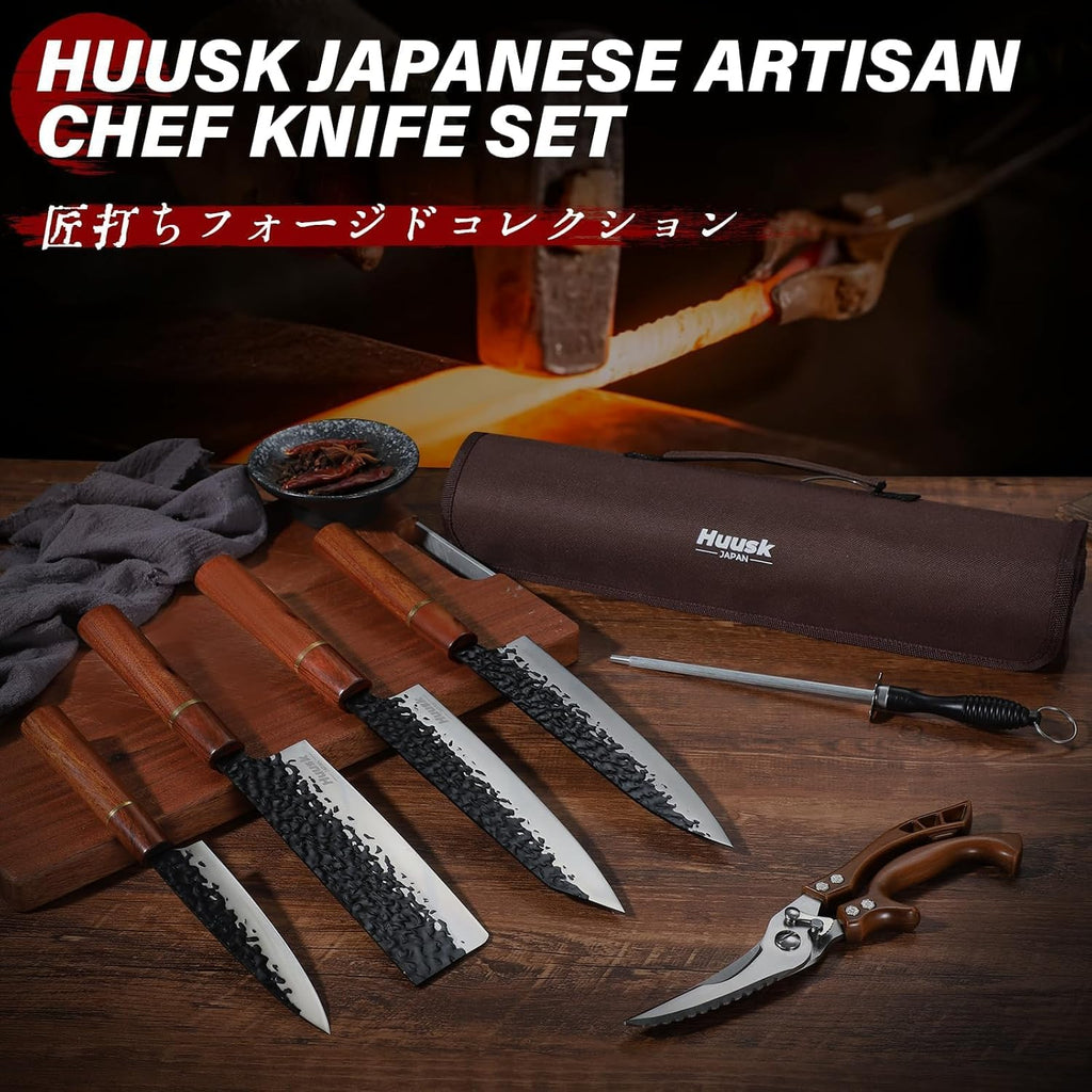 Huusk Japanese Knife Set 6pcs with Covers - Professional Chef Knife Set with Bag & Sharpener, High Carbon Steel Forged Knives Sets with Scissors, Japanese Kitchen Knives Sets, Fathers Day Gift