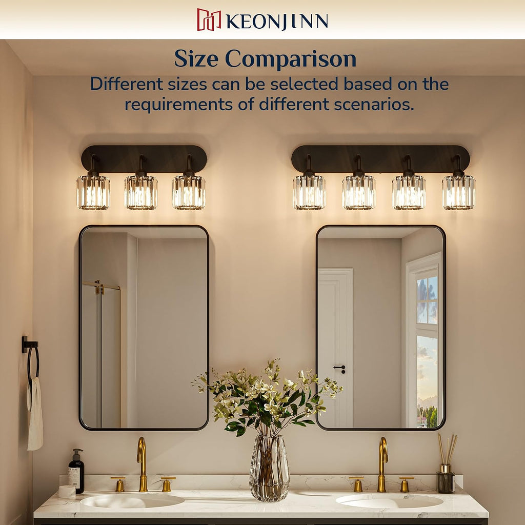 Keonjinn 4-Light Bathroom Light Fixtures, Crystal Black Bathroom Vanity Lights Over Mirror, Vanity Lighting Fixtures with Crystal Square Shades (E26 Socket, Exclude Bulb)